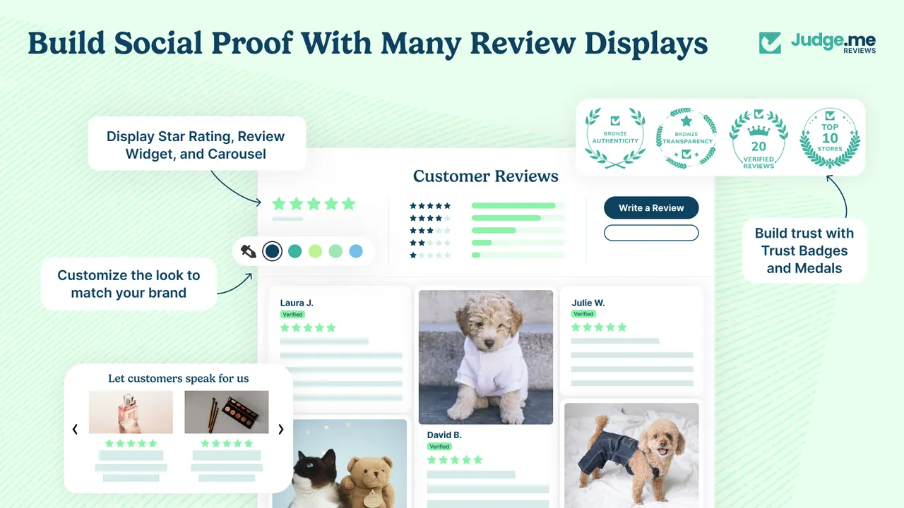 Judge.me's listing showing star ratings, a review distribution chart, photo reviews and trust badges