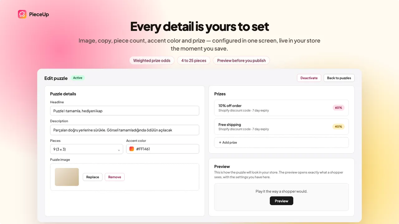 PieceUp's puzzle editor, showing headline and description fields, a nine-piece grid, prize rows and weighted odds, and a preview button