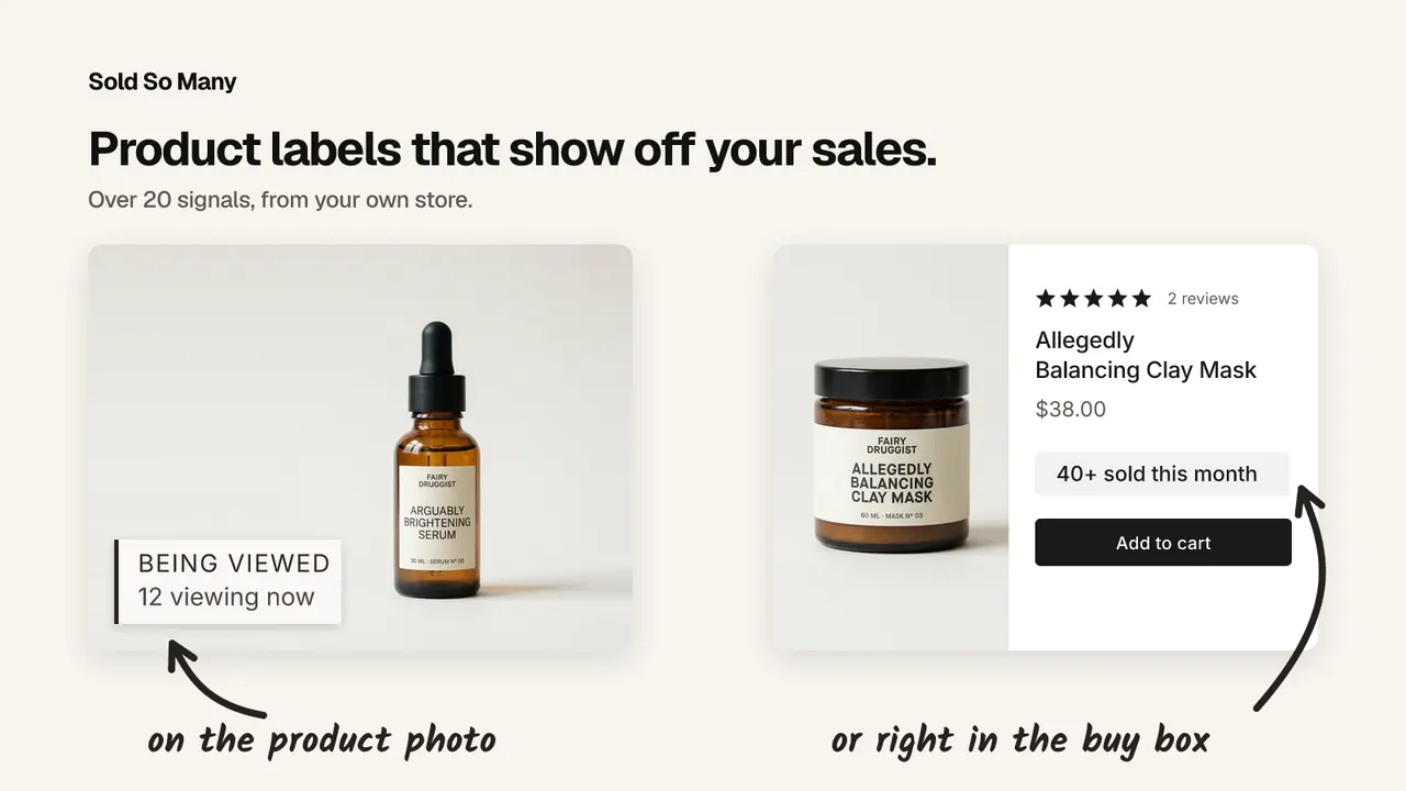 SSM Sold Counter Social Proof labels on a storefront, with a being-viewed label on the product photo and a sold count beside Add to cart