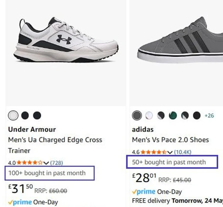 Amazon search results cropped to two listings, each showing "100+ bought in past month"