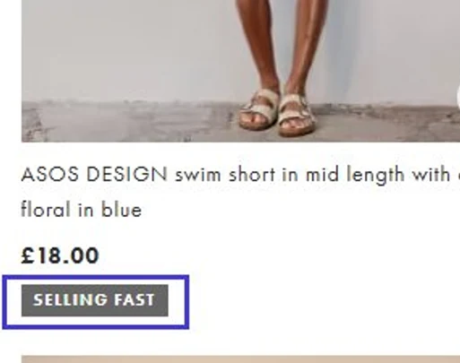 ASOS product listing cropped to a "SELLING FAST" flag under a pound 18.00 price