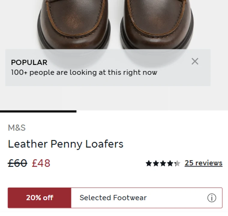 M&S product page cropped to a "POPULAR" panel reading "100+ people are looking at this right now"