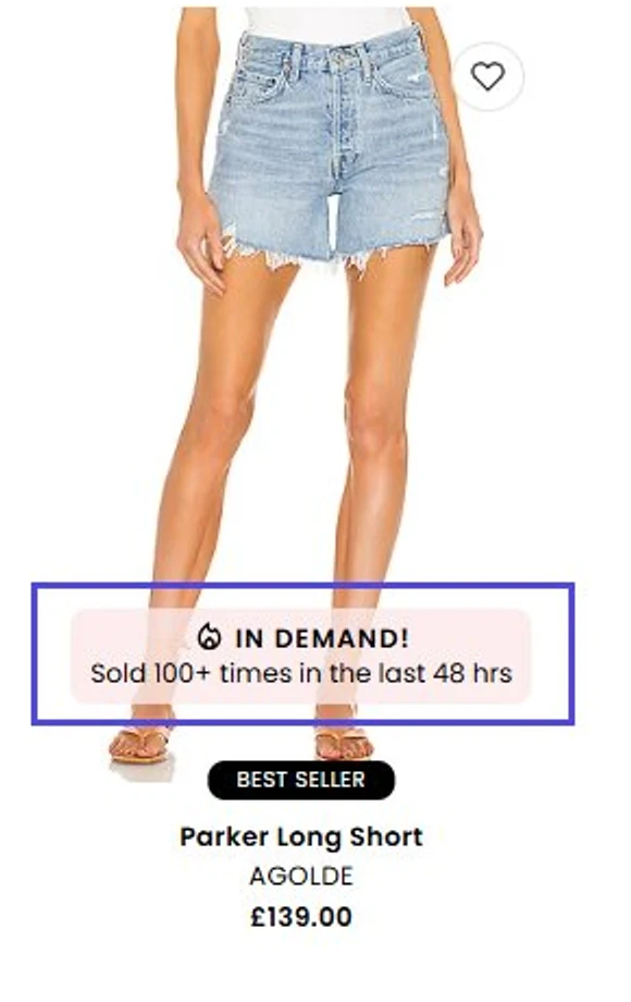 Revolve product page cropped to "IN DEMAND! Sold 100+ times in the last 48 hrs" and a BEST SELLER badge