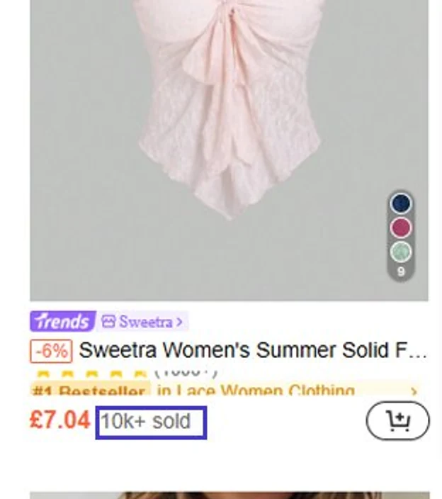 SHEIN product listing cropped to "#1 Bestseller in Lace Women Clothing" and "10k+ sold"