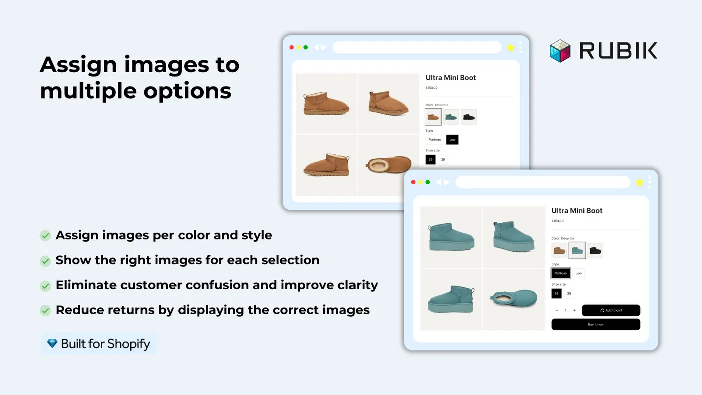Two storefront product pages side by side: selecting a chestnut boot shows chestnut photos, selecting the teal one shows teal photos