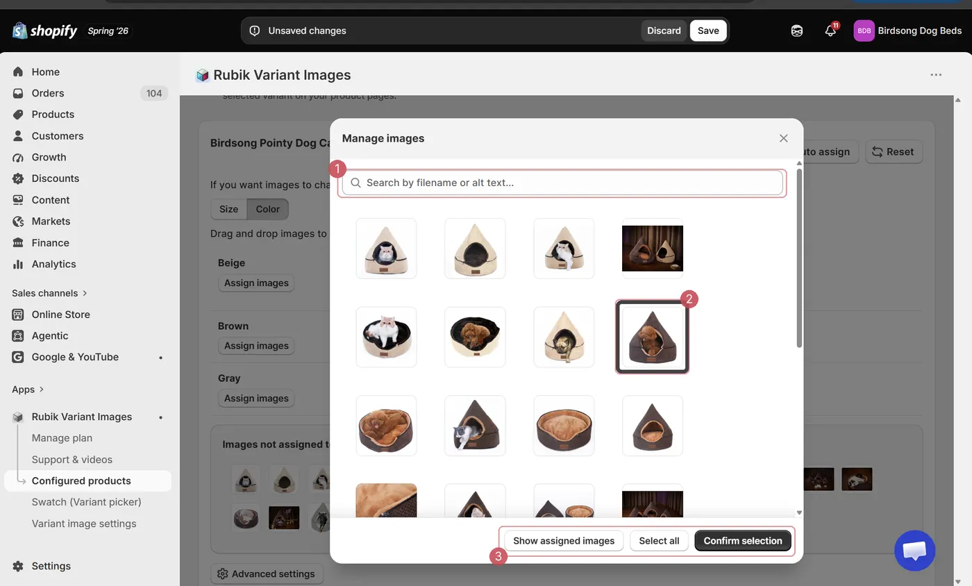 The Manage images modal, with the search field marked 1, a selected thumbnail marked 2, and the Select all and Confirm selection buttons marked 3