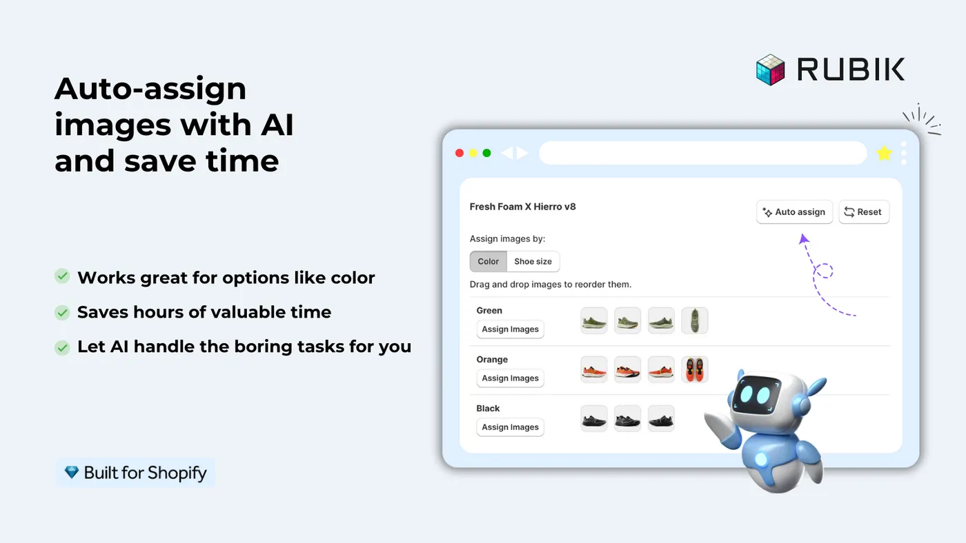 Rubik's own marketing image for the AI auto-assign feature, showing shoe photos sorted into Green, Orange and Black
