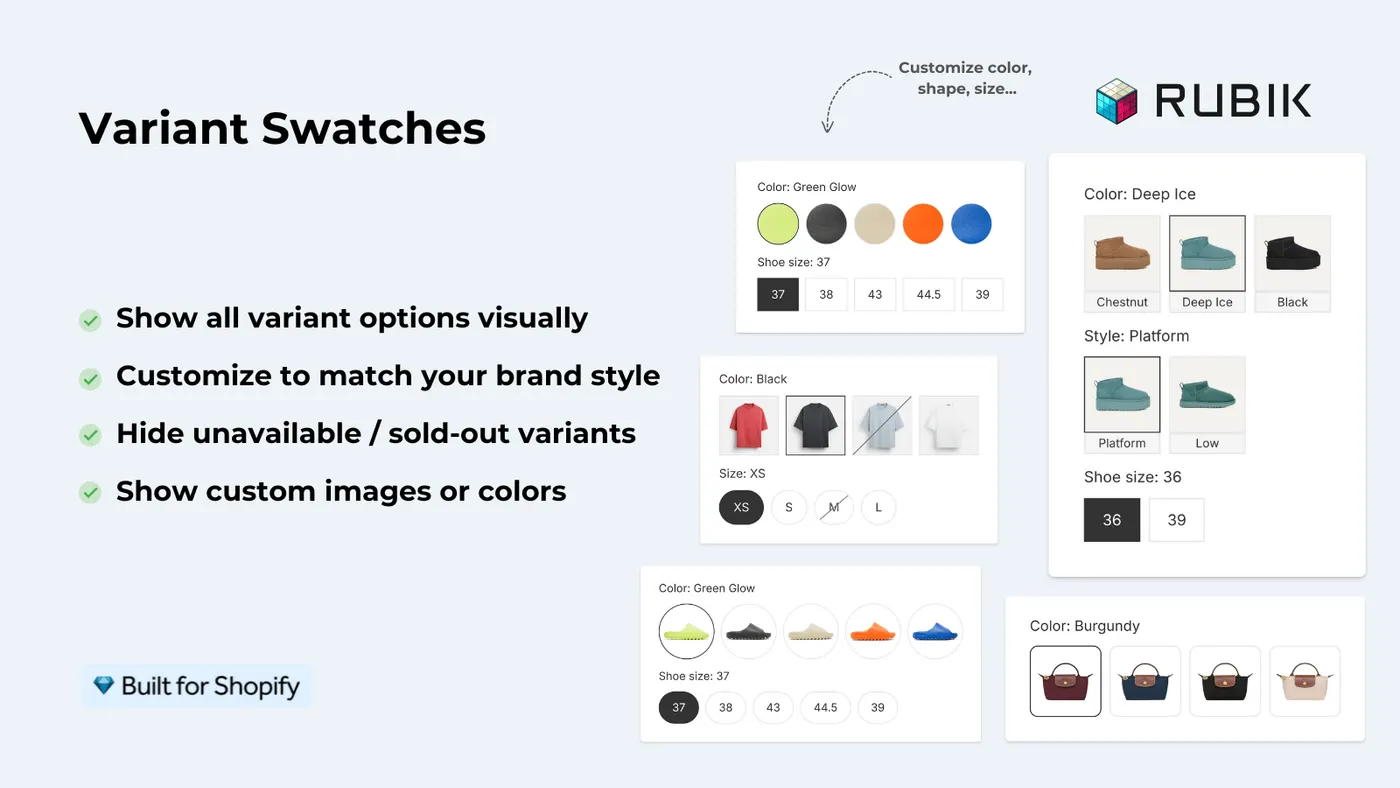 Rubik's variant swatch examples: colour circles, image thumbnails, and sizes with sold-out options struck through