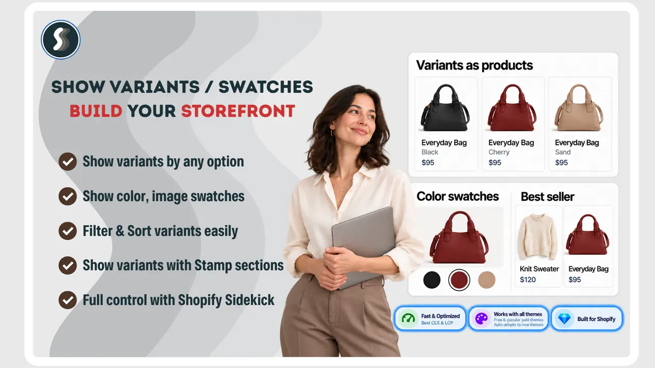 Stamp's listing showing one handbag as three separate product cards in black, cherry and sand, beside a colour swatch row and a best-seller card