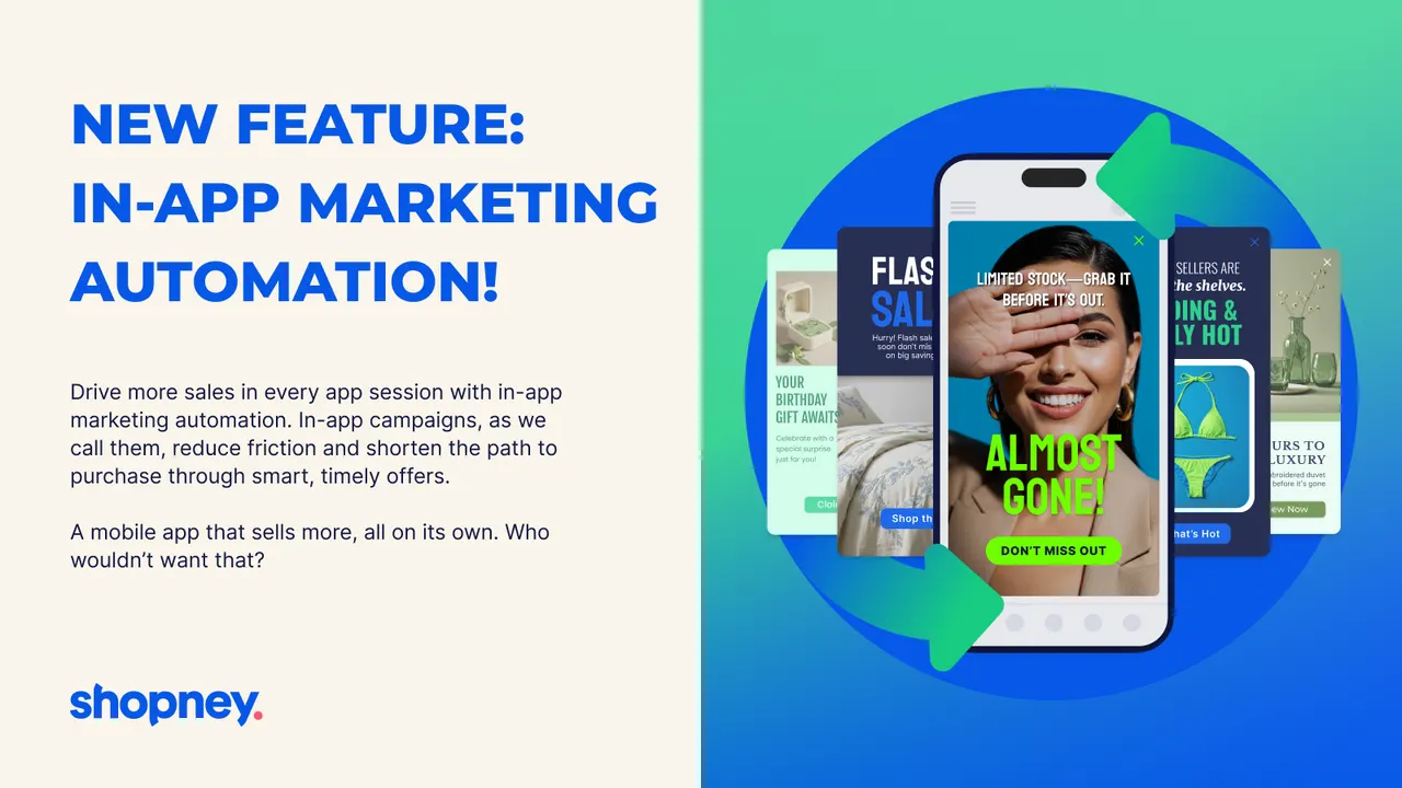 Shopney's listing showing in-app marketing campaigns on a phone, with flash sale and limited stock messages layered over a storefront