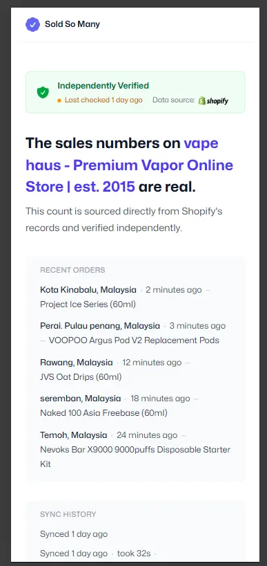 Sold So Many verified-page for a client store