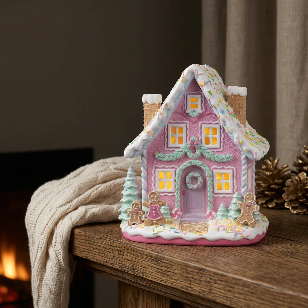 LED-Lebkuchenhaus 24 cm – Rosa Zuckerhaus mit bunten Streuseln, Lebkuchenfiguren & Timer